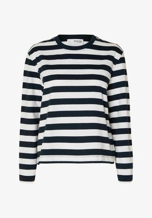 Cămașă cu mânecă lungă, cu dungi în nuanțe de bleumarin și alb, având guler rotund și croială lejeră. Fabricată dintr-un material moale și confortabil, cu cusături curate.