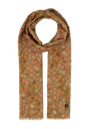 Light brown scarf with multicolored abstract dot pattern in shades of orange, pink, and beige, featuring a small black brand tag.