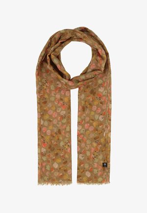 Svetlohnedý šál s viacfarebným abstraktným vzorom bodiek v odtieňoch oranžovej, ružovej a béžovej, s malou čiernou značkovou štítkou.