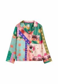 Mehrfarbiges Pyjamashirt mit einer Mischung aus Sonnen- und Sternmustern, mit Kragen, Brusttasche und langen Ärmeln aus glattem Stoff.
