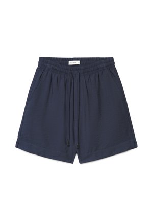 Pantaloncini casual blu navy con vita elasticizzata, coulisse regolabili, tasche laterali e piccolo marchio centrale in vita.