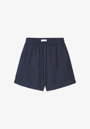 Shorts décontractés bleu marine avec taille élastique, cordons de serrage, poches latérales et petite étiquette de marque au centre de la taille.