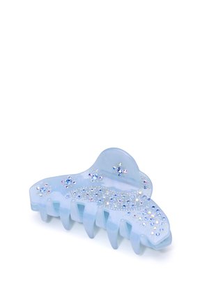Blue acrylic hair claw with a glossy finish, decorated with light blue and clear rhinestones, featuring a curved top and seven gripping teeth.