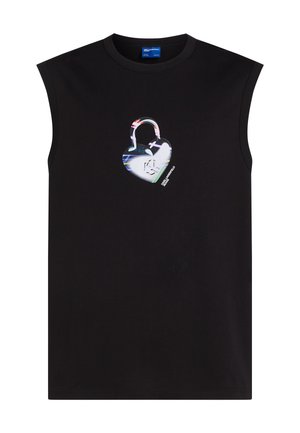 Sort ærmeløs T-shirt lavet af bomuld, med et hjerteformet hængelåsgrafik i farverigt design på fronten. Rund halsudskæring, afslappet pasform.