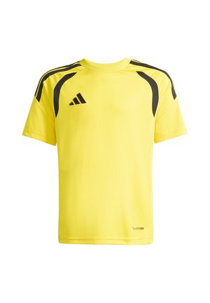 Gul sportsskjorte med korte ærmer med sorte accenter på skuldrene og Adidas-logo på brystet, lavet med ClimaCool-stofteknologi.