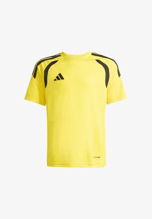 Žluté sportovní tričko s krátkým rukávem s černými detaily na ramenou a logem Adidas na hrudi, vyrobené s technologií látky ClimaCool.