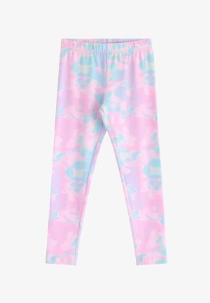 Leggings lavet af blødt, elastisk stof med et pastelrosa og blåt blomsterprint og en behagelig elastisk talje.