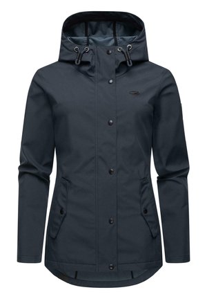 Navy waterproof jacket, featuring a drawstring hood, snap closures, two side pockets, and a slightly curved hem. Smooth texture.
