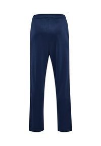 Pantaloni sportivi blu navy con vita elastica, texture liscia, design a gamba dritta e senza motivi o dettagli visibili.