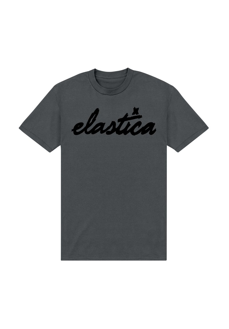 Mørk grå bomulds t-shirt med stor sort kursiv tekst, der står "elastica" hen over forsiden, rund halsudskæring og korte ærmer.