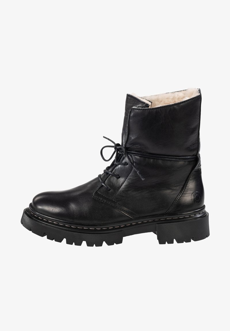 Black leather ankle boot with a rounded toe, lace-up design, and faux fur lining. Thick rubber sole with traction patterns and stitching detail.