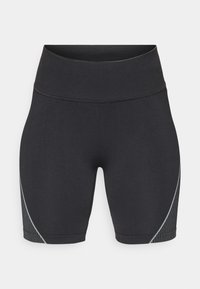 Crne atletske šortse s visokim pojasom, izrađene od rastezljivog materijala. Imaju elegantan dizajn i suptilne sivo-strijpe akcentu uz bok.