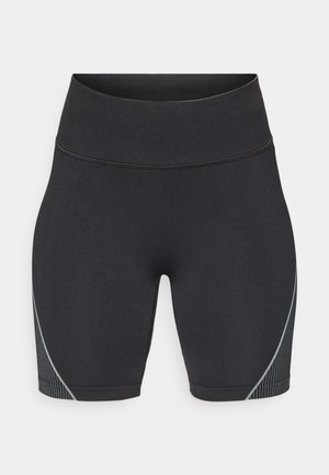 Schwarze Sportshorts mit hohem Bund, gefertigt aus dehnbarem Material. Verfügt über ein elegantes Design und dezente graue Streifenakzente an der Seite.