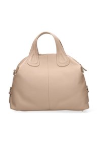 Borsa in pelle beige con manici arrotondati, una cerniera centrale e dettagli con fibbie laterali su sfondo bianco.