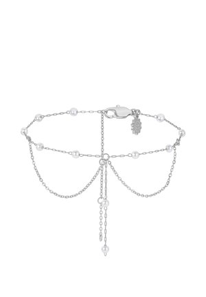 Zartes Silberarmband mit kleinen weißen Perlen, doppelten Ketten, Karabinerverschluss und einem kleinen Smiley-Anhänger.