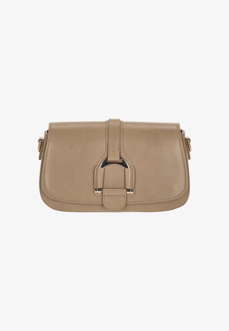 Bézs bőrből készült válltáska fedéllel, középen pántdísszel és ezüstszínű fémalkatrészekkel. Simább felület varrott részletekkel.