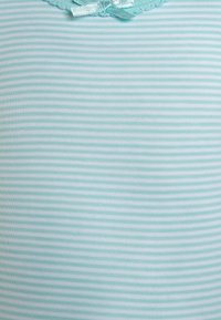 Light teal striped fabric with thin white lines, featuring a lace trim and a small bow detail at the neckline. Soft texture.