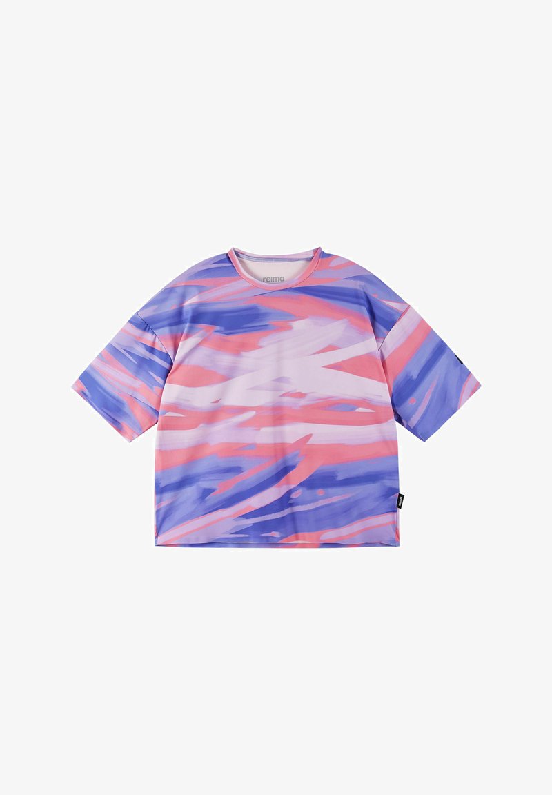 Kurzärmliges T-Shirt in Violett und Pink mit einem abstrakten Pinselstrichmuster, aus leichtem Stoff gefertigt, mit Rundhalsausschnitt.