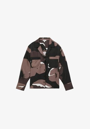 Hemd mit Knopfleiste, das ein florales Muster in den Farbnuancen Braun, Schwarz und Weiß zeigt. Es hat einen abgerundeten Kragen und zwei Brusttaschen.
