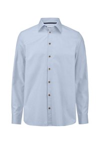 Lichtblauw overhemd met lange mouwen en knoopsluiting, met een kraag, voorzien van bruine knopen en een gestructureerde stof. Geen patronen of accenten zichtbaar.