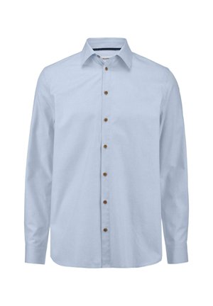 Lichtblauw overhemd met lange mouwen en knoopsluiting, met een kraag, voorzien van bruine knopen en een gestructureerde stof. Geen patronen of accenten zichtbaar.