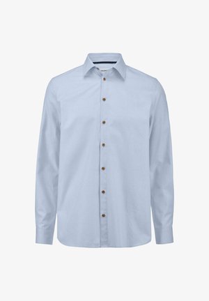 Lichtblauw overhemd met lange mouwen en knoopsluiting, met een kraag, voorzien van bruine knopen en een gestructureerde stof. Geen patronen of accenten zichtbaar.