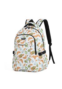 Sac à dos avec un fond blanc, présentant un motif répété de croissants et d'avocats. Il est équipé de bretelles et de fermetures éclair noires, avec un dos rembourré.
