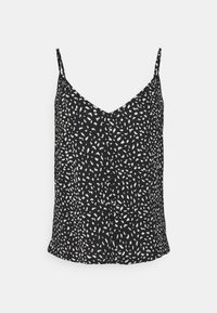 Musta tank top, jossa on V-pääntie ja ohuet olkaimet, koristeltu valkoisella abstraktilla kuviolla. Sileä pinta ja rento istuvuus.