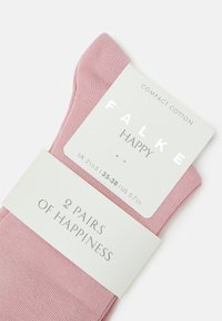 FALKE Happy socks in soft pink, made of compact cotton, feature ribbed texture. Includes a label indicating size and "2 pairs of happiness."