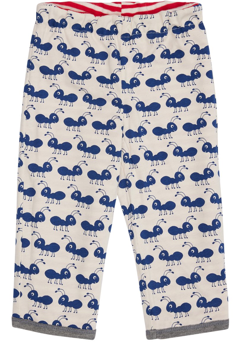 Pantaloni in cotone con motivo a formiche blu su sfondo crema, caratterizzati da una vita a righe rosse e bianche e polsini grigi alle caviglie.