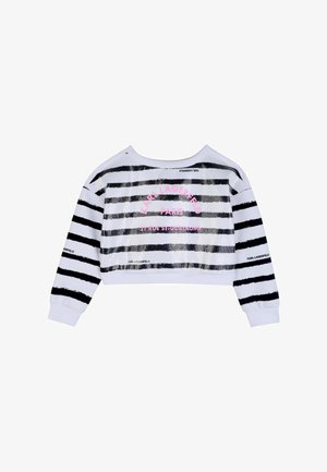 Maglione bianco corto con strisce orizzontali nere e scritta rosa "Karl Lagerfeld Paris" sul retro e sulle maniche.