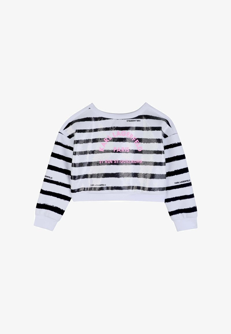 Suéter corto blanco con rayas horizontales negras y texto rosa "Karl Lagerfeld Paris" en la espalda y las mangas.