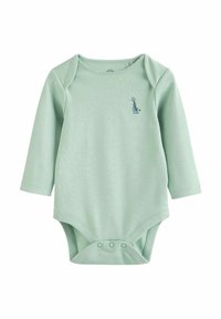 Bodysuit à manches longues vert clair en coton doux, avec une broderie de girafe sur la poitrine et des pressions en bas.