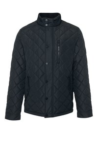 Veste noire matelassée avec un col montant, des boutons-pression, deux poches latérales, une poche poitrine zippée, et un design épuré et simple.
