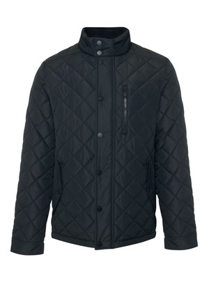Schwarze gesteppte Jacke mit hohem Kragen, Druckknöpfen, zwei seitlichen Taschen, einer Brusttasche mit Reißverschluss und einem sauberen, schlichten Design.