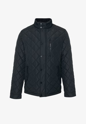 Schwarze gesteppte Jacke mit hohem Kragen, Druckknöpfen, zwei seitlichen Taschen, einer Brusttasche mit Reißverschluss und einem sauberen, schlichten Design.