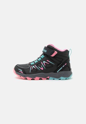 Black high-top hiking shoe with pink and turquoise accents, Velcro strap, and textured rubber sole, designed for children.