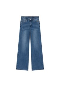 Breda jeans i mid-blå denim med en urtvättad finish, fem fickor och dragkedja med knappstängning. Ren fåll utan dekorationer.