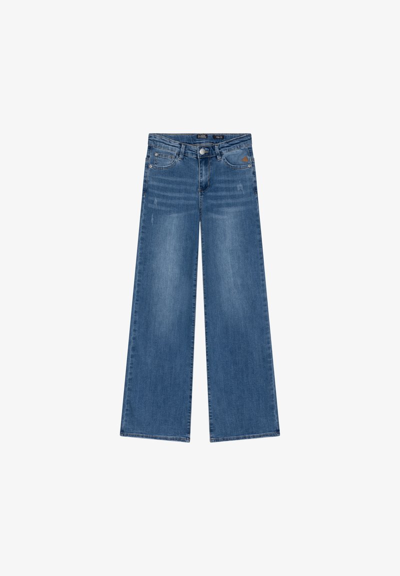 Breda jeans i mid-blå denim med en urtvättad finish, fem fickor och dragkedja med knappstängning. Ren fåll utan dekorationer.