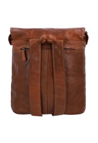 Sac à dos en cuir marron avec deux bretelles, une poignée supérieure et deux poches zippées horizontales sur le panneau arrière.