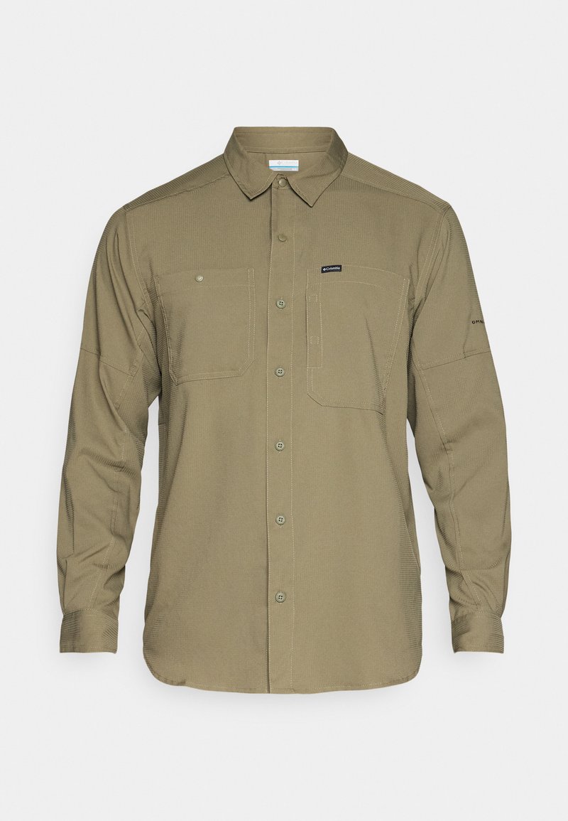 Langarmhemd aus khakifarbenem Stoff, mit einer Knopfverschluss-Front, zwei Brusttaschen und einem Kragen mit verstärkten Schultern und Ärmeln.