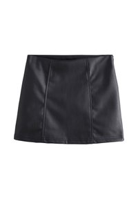 Minigonna nera in ecopelle con una texture liscia, caratterizzata da cuciture verticali e un orlo dritto. Design semplice senza ornamenti.