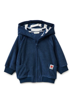 Marineblauer Hoodie für Kleinkinder mit Frontreißverschluss, zwei Taschen, gestreiftem Kapuzenfutter und kleinem Tomatenaufnäher auf der linken Tasche.