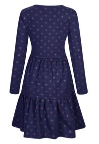 Abito navy con maniche lunghe, motivo a stelle in rosa metallico, gonna a balze a strati, materiale in cotone morbido, scollo rotondo.