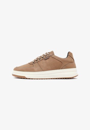 Tan geraffineerde sneaker met een lage profiel, ronde neus en een witte rubberen zool. Voorzien van beige veters en een decoratieve acccent aan de zijkant.