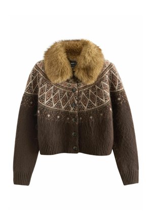 Brown knitted cardigan with textured fur collar, featuring diamond patterns in muted tones and black buttons through the front.