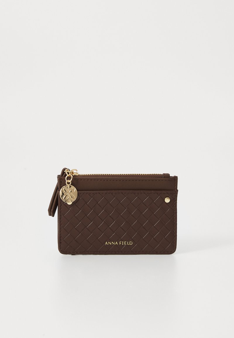 Brown woven cardholder made of faux leather. Features a zip closure, gold hardware accents, and embossed brand name on the front.