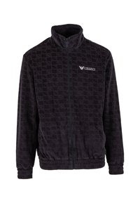 Veste zippée noire texturée avec col montant, poignets élastiques et logo "Colucci" sur la poitrine gauche.