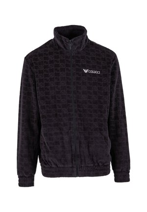 Black textured zip-up jacket with high collar, elastic cuffs, and "Colucci" logo on the left chest.