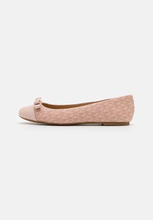 Light pink flat shoe with a patterned fabric body, solid toe cap, and a decorative bow on the front, shown in profile on a white background.